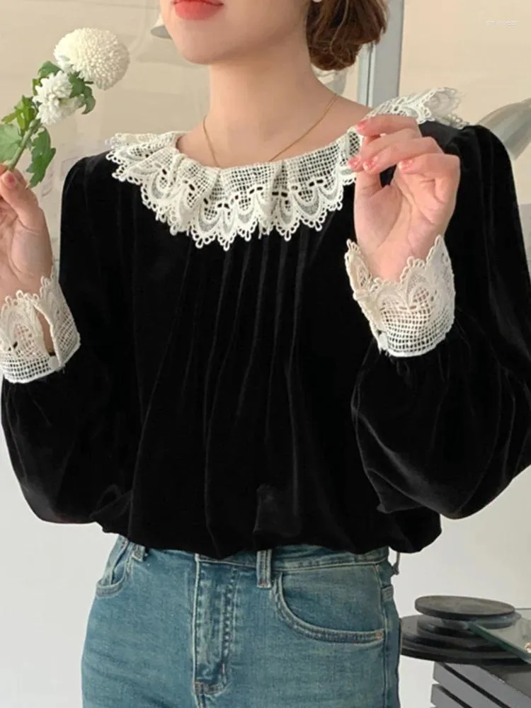 Women's T Shirts Vintage Patchwork Lace Single Breasted Corduroy Shirt Loose All Match Long Sleeve Top Women 2024 Spring Autumn 16U7328