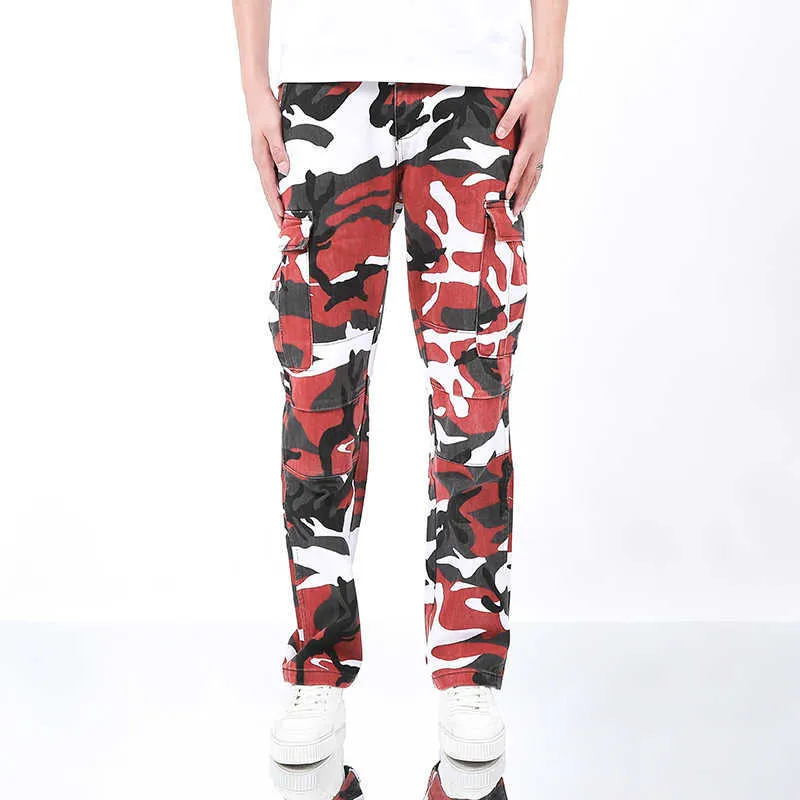 AMIRCA Trendy Red and Black Combination Camo Pants MX1 Elastic Slim Fit Jeans Mens High Street Instagram