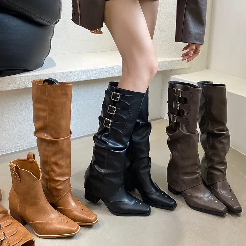 Boots Fashion Design Square Talon Trend 2023 Femmes Ankle Chelsea Boots Slipon Chaussures Ladies Knee High Boots Western Femme Foot Warwes