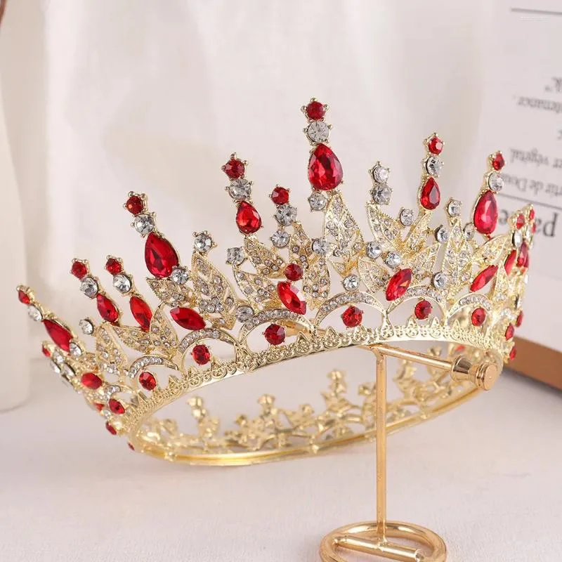 Hair Clips Leaf Rhinestone Tiara Crown Baroque Red Crystal Full Round Bridal