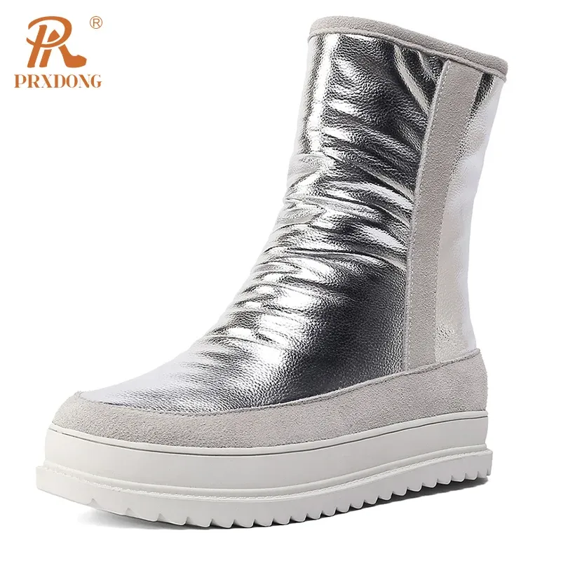 Boots PRXDONG 2023 New Fashion Autumn WInter Warm Snow Boots Qulaity Leather Med Heels Platform Black Silver Real Fur Dress Casual 39