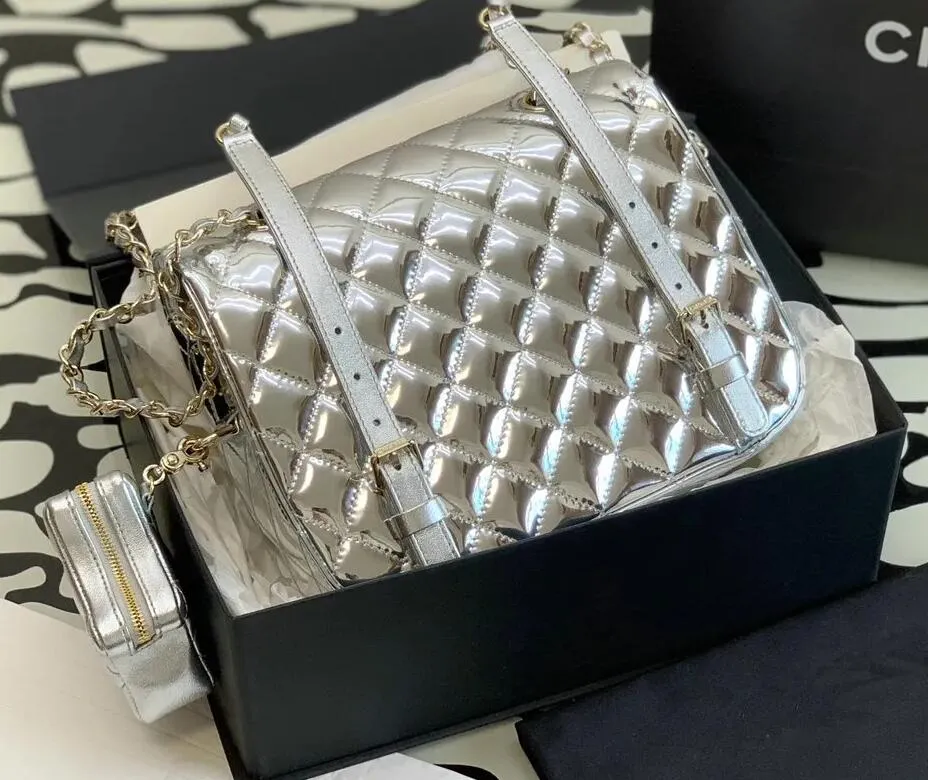 Silver Patent Leather Crossbody Bag - Designer Chain Handbag