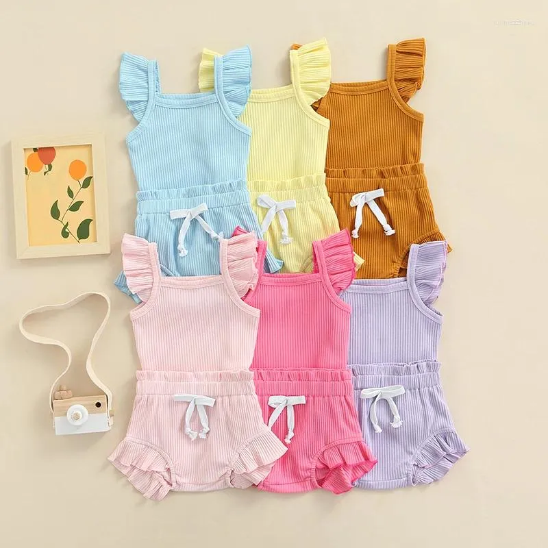 Conjuntos de roupas 6 cores verão bebê meninas meninos sólido malha babados manga gola quadrada topos cintura alta shorts bloomers outfits