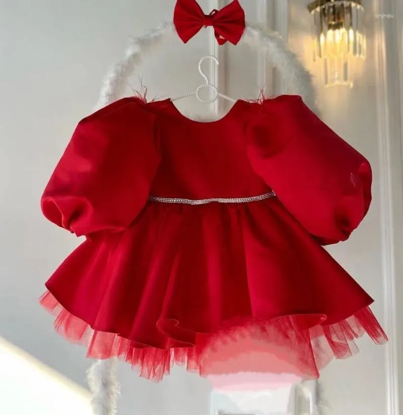 Girl Dresses Red Tulle Satin Baby Dress With Puff Sleeves O Neck Zipper Back Kid Princess Girls Birthday Party Prom Gown 12M 18M