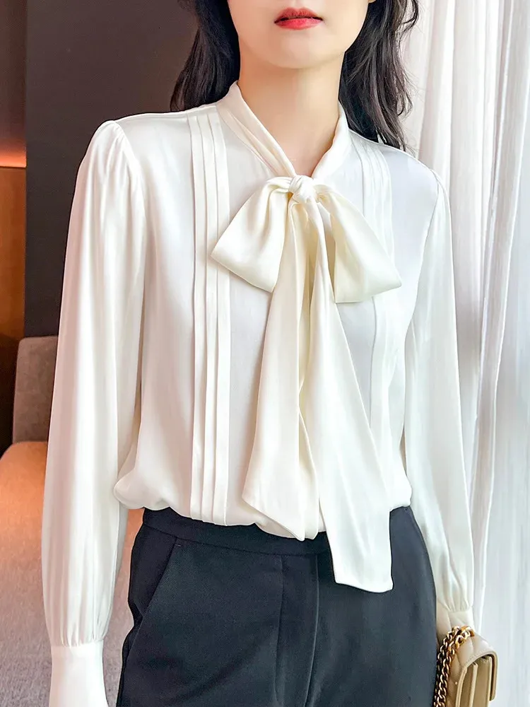Camisa de seda com fita branca feminina primavera manga comprida plissada top 240322