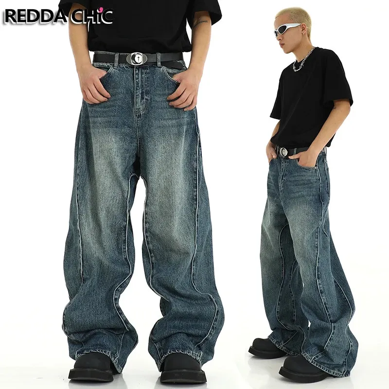 Reddachic Twisted costura homens de jeans folgados bigodes azuis azuis de retalhos de retalhos de perna larga calças grandes de tamanho grande skatista hiphop streetwear 240320