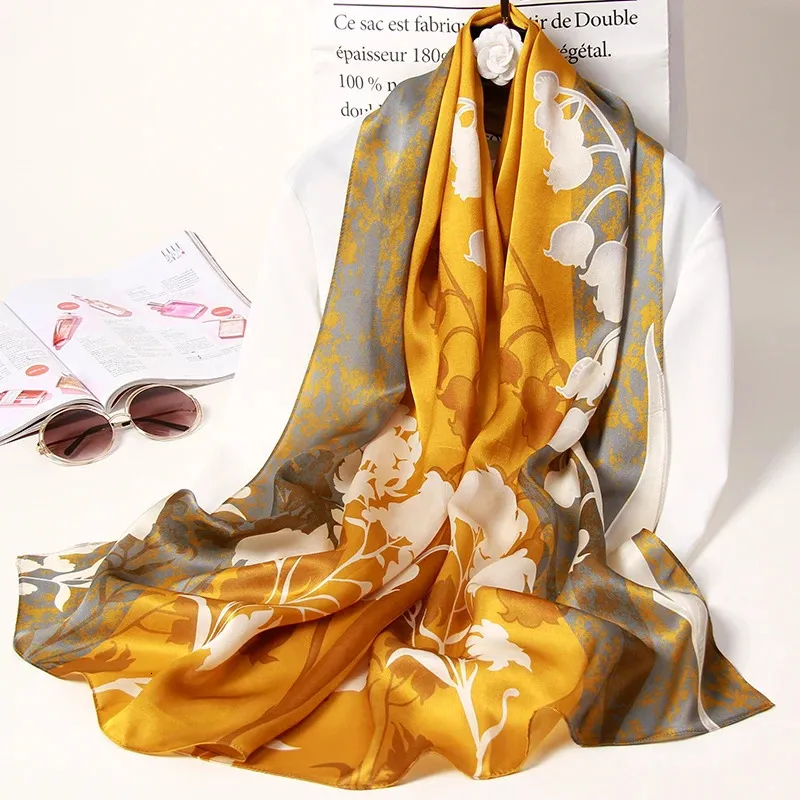 100% натуральный шелковый шарф, женский шелковый атласный платок с принтом, мягкий чистый натуральный шелковый длинный платок для женщин, платок Femme 240323