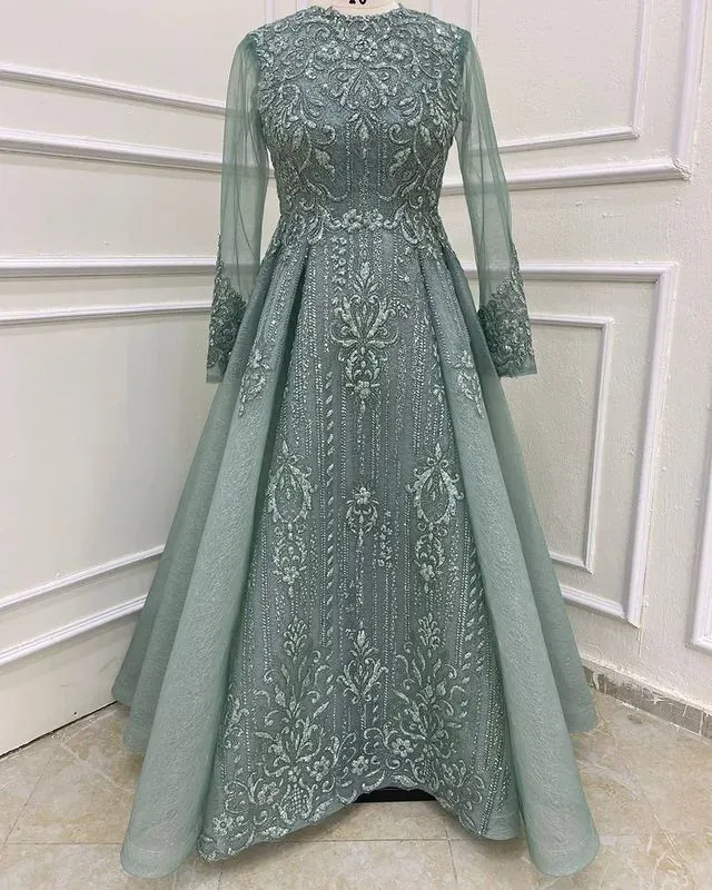 Plus Size Arabic Aso Ebi Muslim Lace Beaded Prom Dresses A-line Long Sleeves Vintage Evening Formal Party Second Reception Gowns Dress