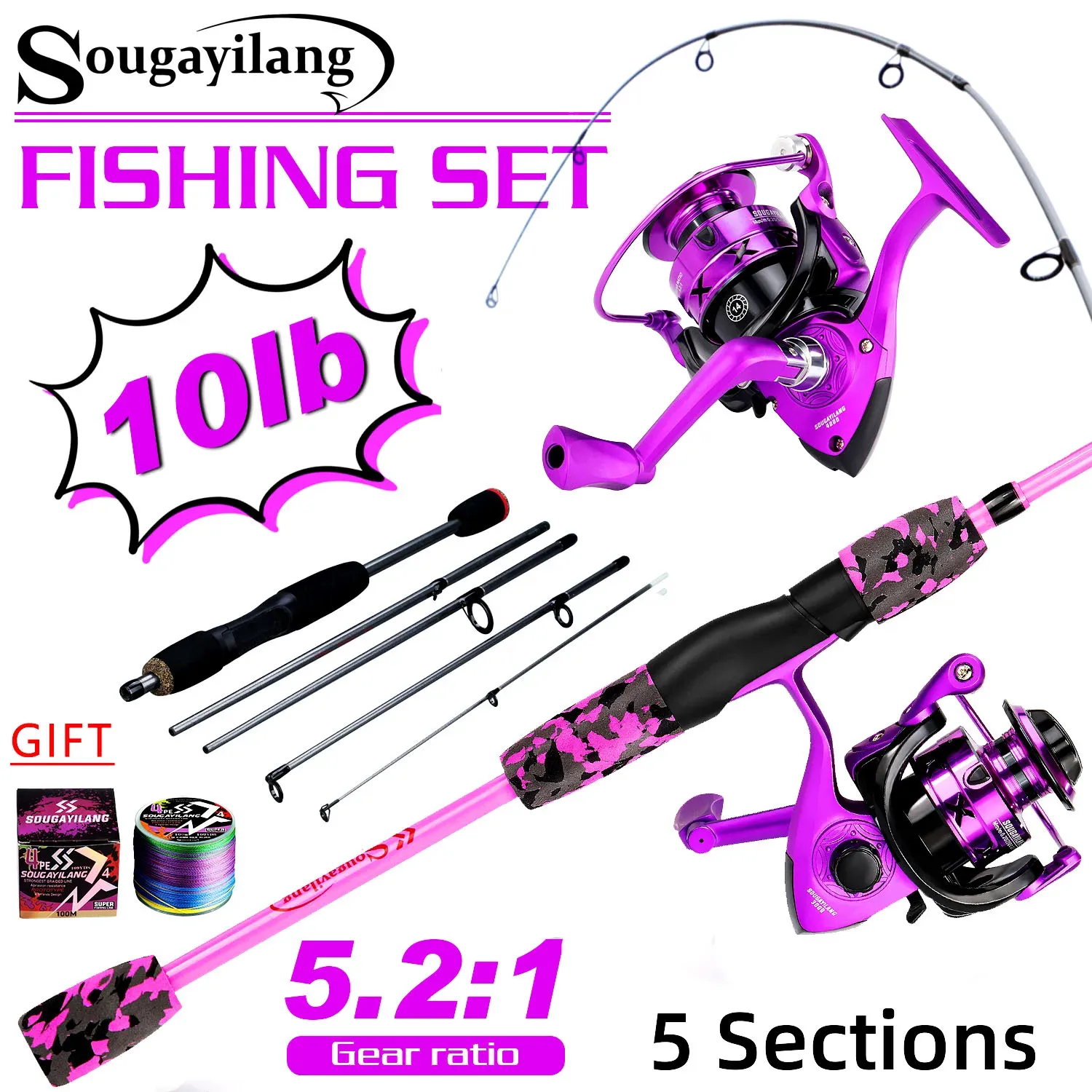 Combo Sougayilang Fishing Rod Combo 1.66m 5 Sektioner Rod och 5.2: 1 Gear Retio Spinning Reel for Seawater Freshwater Fishing Set Pesca