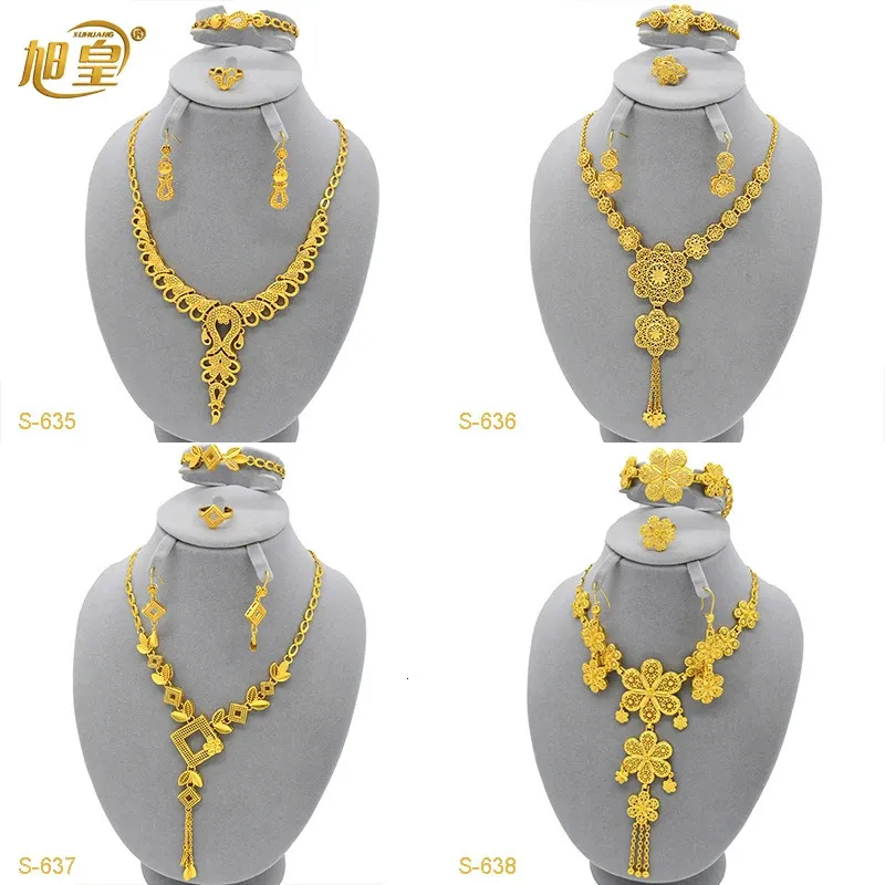 Indisches Luxus-Schmuckset in Goldfarbe, nigerianisches Braut-, Hochzeits-, Bankett-Halsband-Schmuckstück, arabisches Blumen-Halsketten-Set, Geschenk, Großhandel 240320