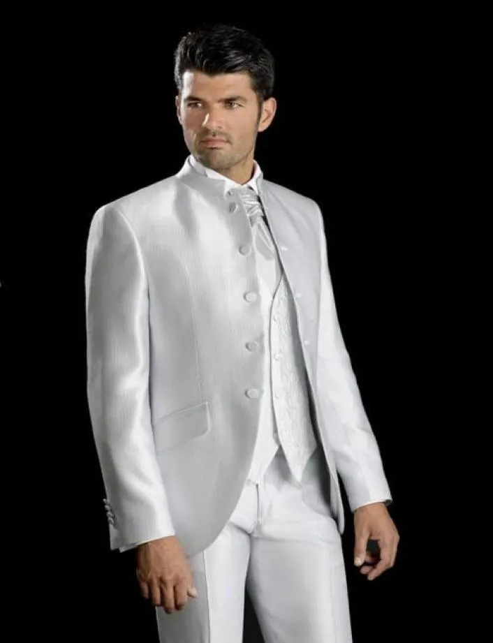New Stylish White Stand Colar Five Button Groom Tuxedos Men039s Wedding Dress Prom Clothing Custom Made Men039s SuitJacket9687221