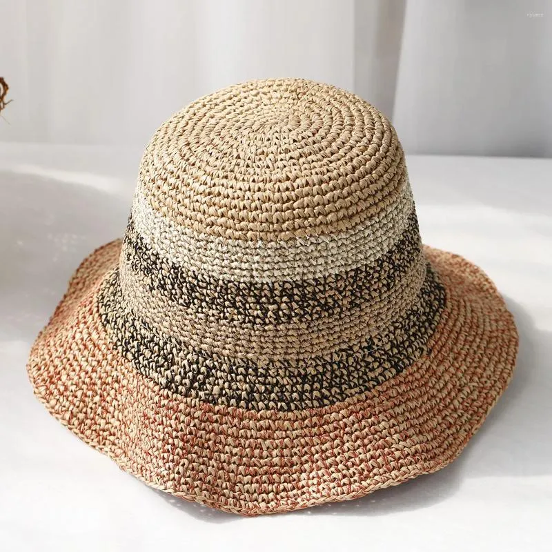 Berets 2024 Womens Straw Hats Crochet Hat Bucket UV Protection Sun Visor Beach Women Visors Luxury Goods Summer Cap