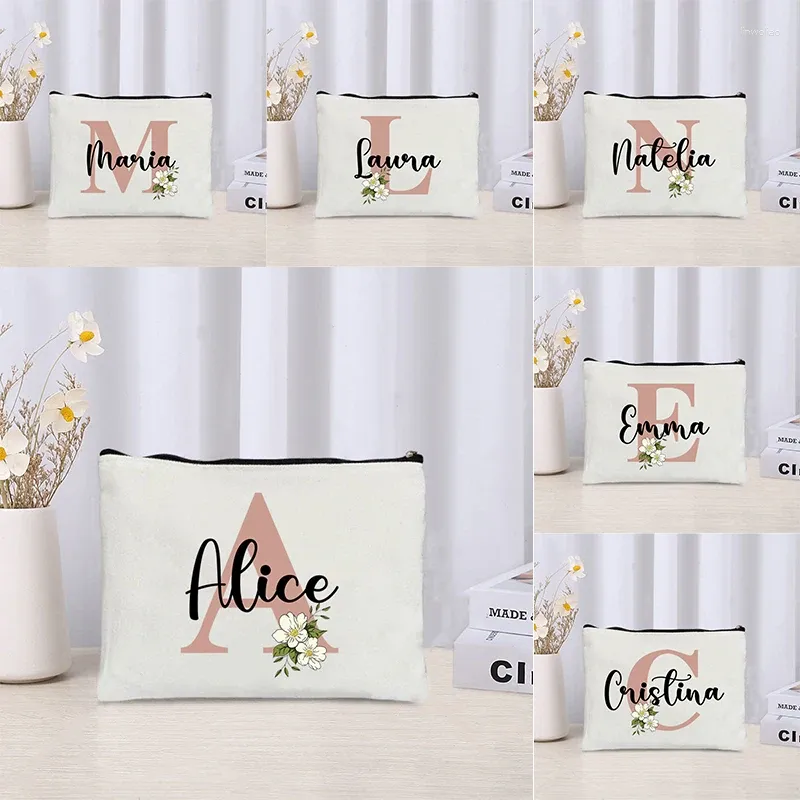 Storage Bags Custom Name Initials Letter Makeup Bag Women Toilet Pouch Travel Cosmetic Wedding Bridesmaid Gifts Side For Ladies Purse