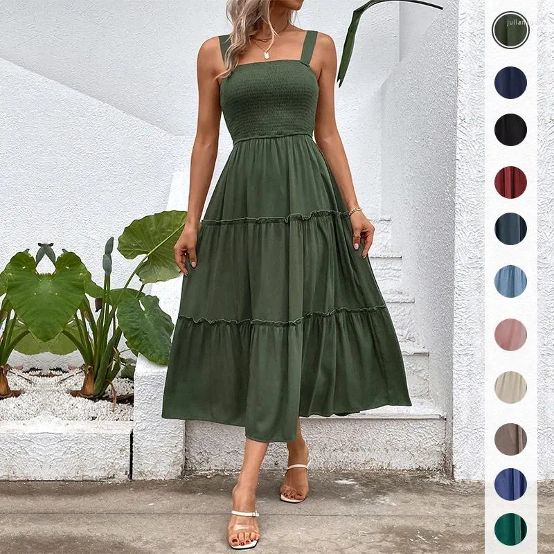 Casual Dresses Qybian 2024 Women's Summer Dress Strappy Solid Color Suspender Backless Evening Fest Founce Boho Maxi