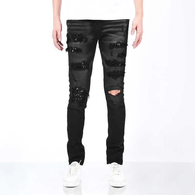 ToponAMIRI Trendy Brand Black Bull Washed Worn Out Sequin Embroidered Slim Fit American Jeans for Men