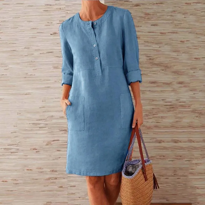 Casual Dresses For Women 2024 Round Neck Knee-Length Linen Dress Boho Loose With Buttons Vintage High Waist A Line