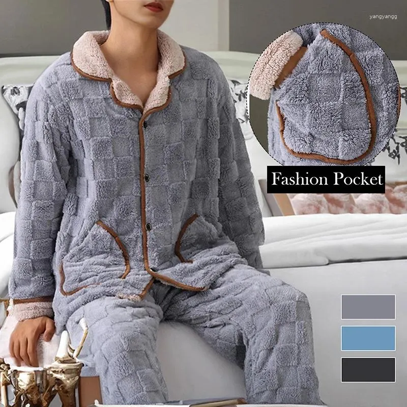 Indumenti da notte da uomo Set da 2 pezzi Flanella Manica lunga allentata Solid Homewear Set di vestiti per la casa Pigiama caldo Autunno Inverno Abiti