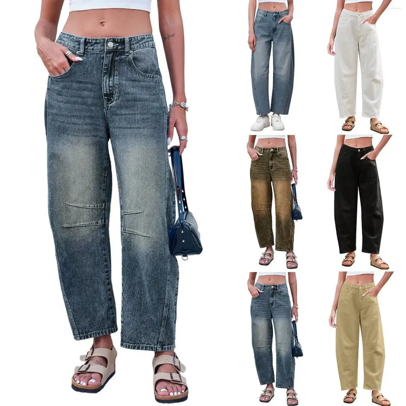 Dżinsowe dżinsy Mid Rise Barrel dla kobiet szerokie nogi talia dżinsowe w lupgy chłopak japoński w stylu spodni 2000. Ubrania