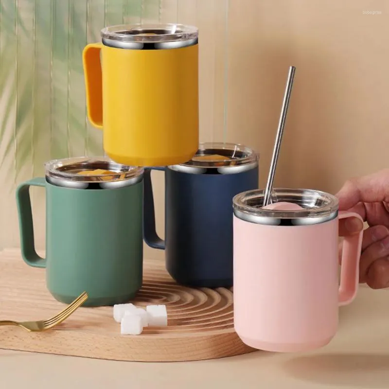 Tasses soucoupes tasse à café 450 ml 304 bouteille d'eau en acier inoxydable Double couche tasse à lait avec couvercle en plastique et poignée articles pour la maison