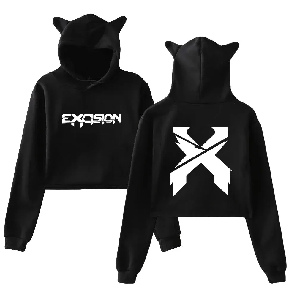 Excision Nexus Tour 2024 Crop Top Hoodie Women Y2K Streetwear Hip Hop Kawaii Cat Ear Harajuku Cropped Sweatshirt Sudaderas Mujer