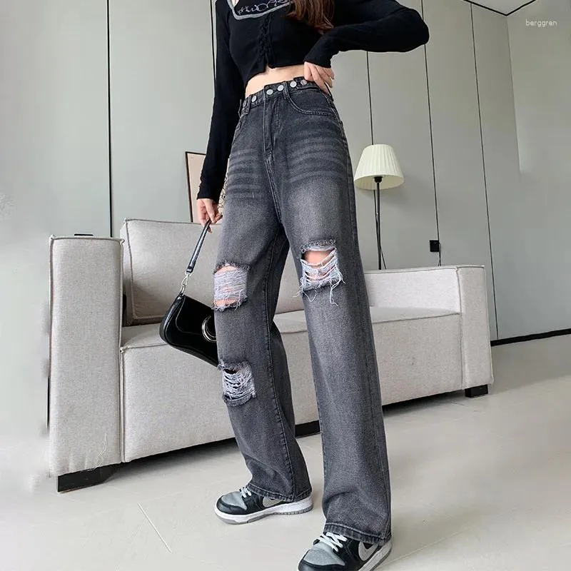 Jeans pour femmes taille haute déchiré jambe large femmes harajuku rue réglable droite pantalon en denim lâche dame trou pantalon baggy