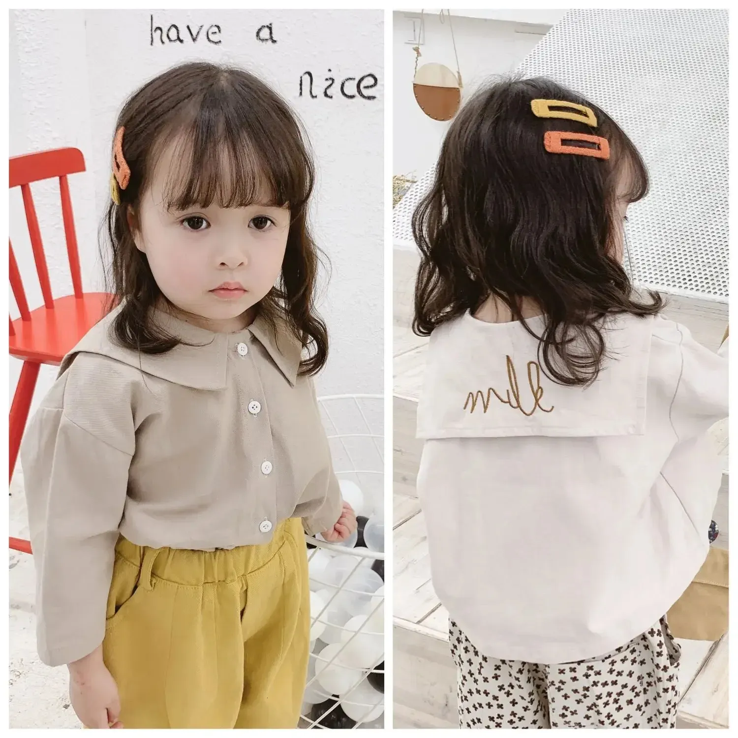 Baby Girls Cotton Letters Stickerei Mode Sailor Kragenhemden Koreanischer Stil Langarm Langarm Casual Blusen 1-5y 240318