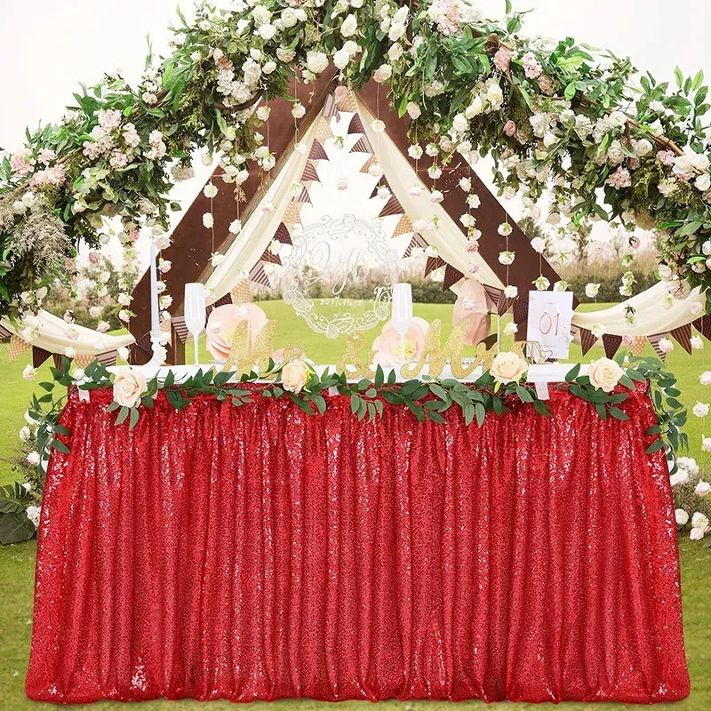 Jupe de table de 14 pieds à paillettes rouges, rectangulaire, carrée, ronde, nappe à paillettes pour fête de mariage, dîner, réception-cadeau pour bébé, décoration de noël 240322