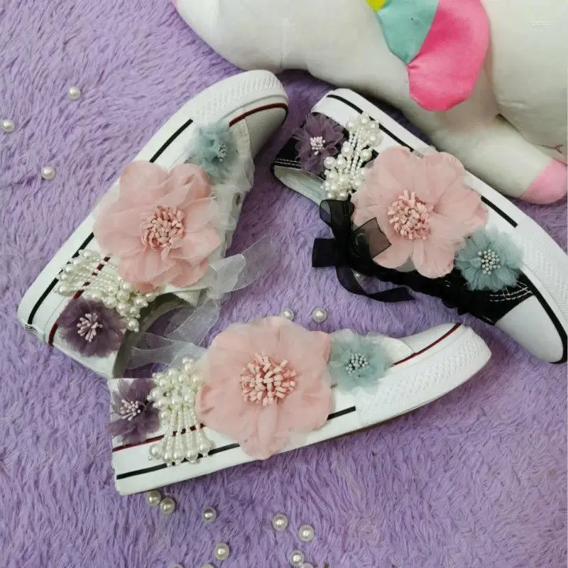 Casual Shoes Women Canvas Korean Princess Low Top Lace Up Sweet 3D Flower Pearl Ribbon Small White Flat Bottom