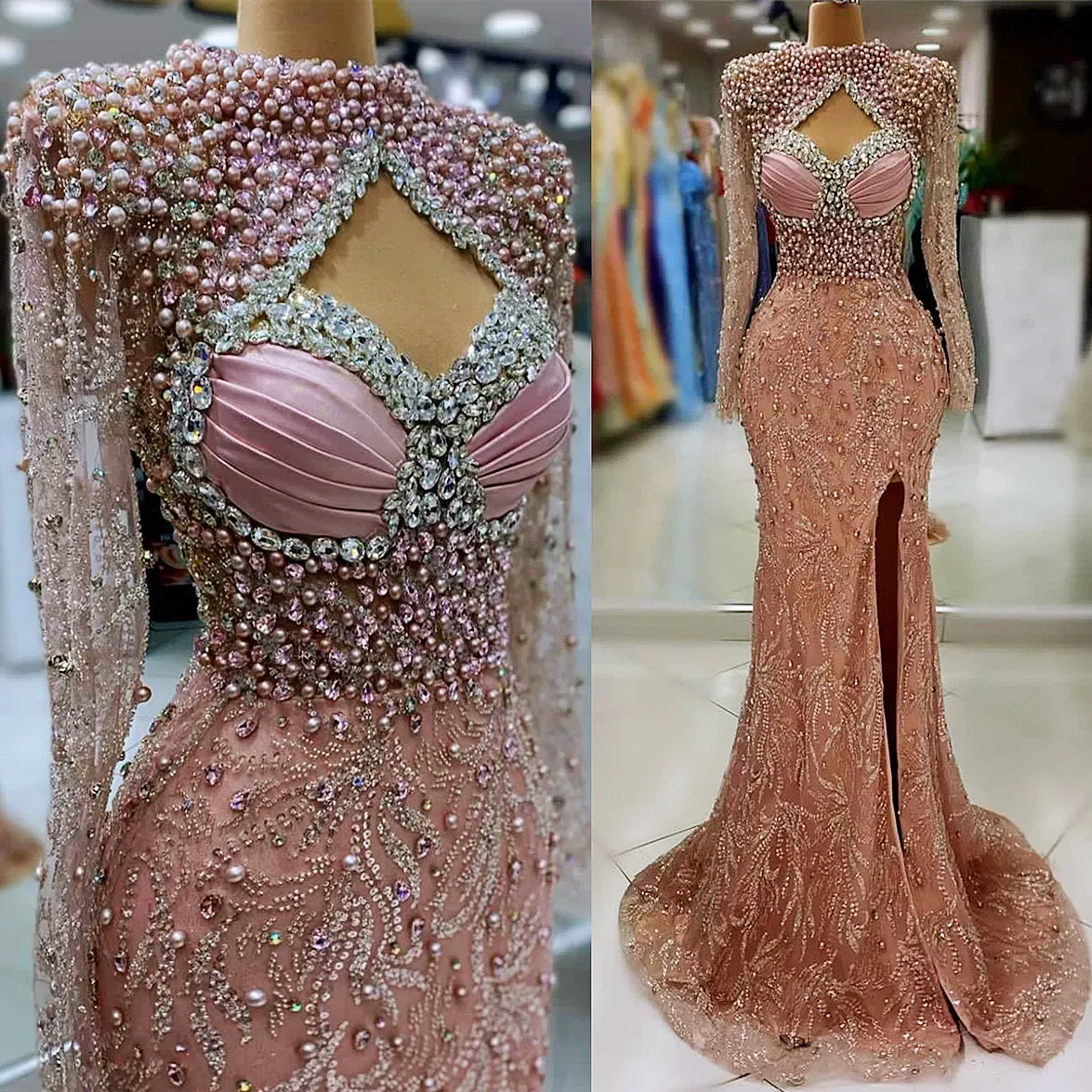 2024 Blush Pink Mermaid Prom Dress Pearls Crystals High Split Evening Formal Party Second Reception Födelsedagsengagemang Klänningar Klänningar Robe de Soiree