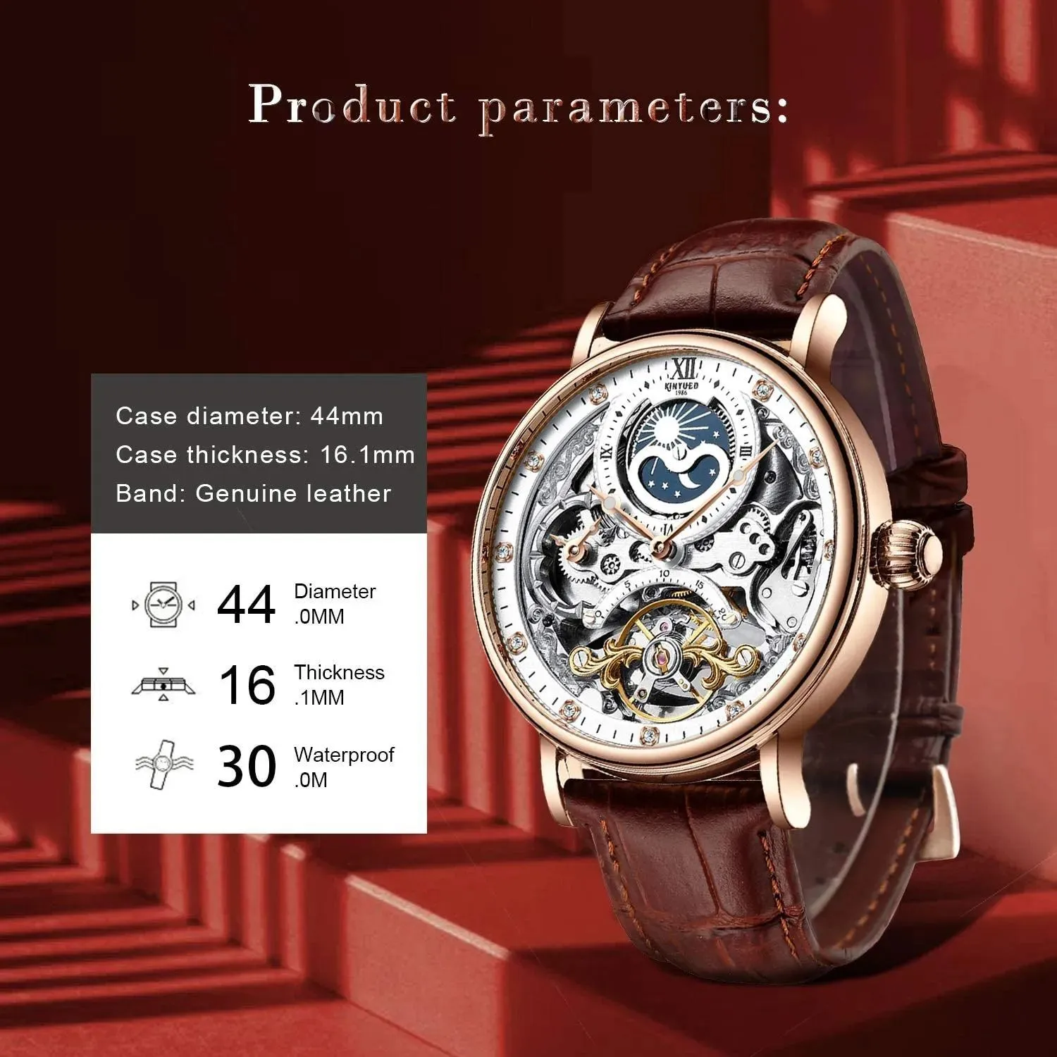 Mens Luxury Skeleton Automatic Mechanical Wrist Watches Leather Moon Phrase Luminous Hands Self-Wind Wristwatch228S