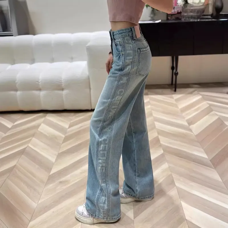 Kvinnors nya sidobrev jeans klassiska sidotryck logotyp jeans