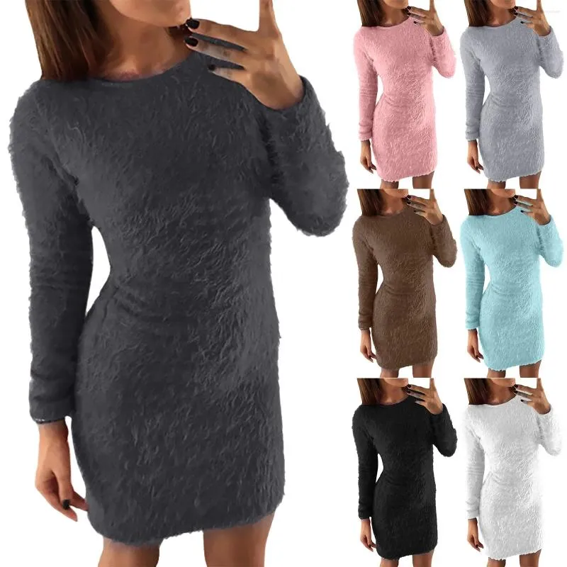 Casual Dresses Women Winter Long Sleeve Solid Sweater Fleece Warm Basic Short Mini Dress Sexy