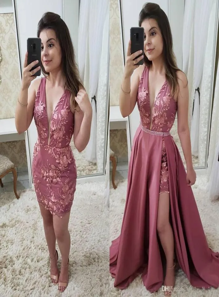 2019 Dusty Rose Ballkleider mit abnehmbarer Schleppe, V-Ausschnitt, ärmellos, Übergröße, Spitzenapplikation, Perlen-Cocktailkleid 7400519