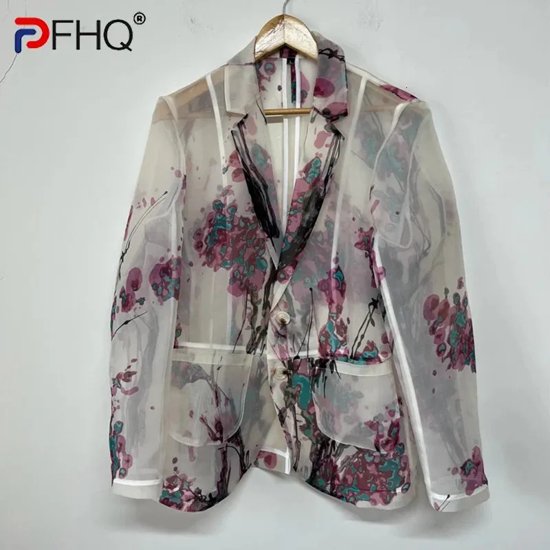 PFHQ Herren-Anzugsmantel, elegant, mit frischem Pflaumenblütendruck, Perspektive, Organza, Designer-China-Chic, Herbst-Blazer-Mantel 21Z2118 240309