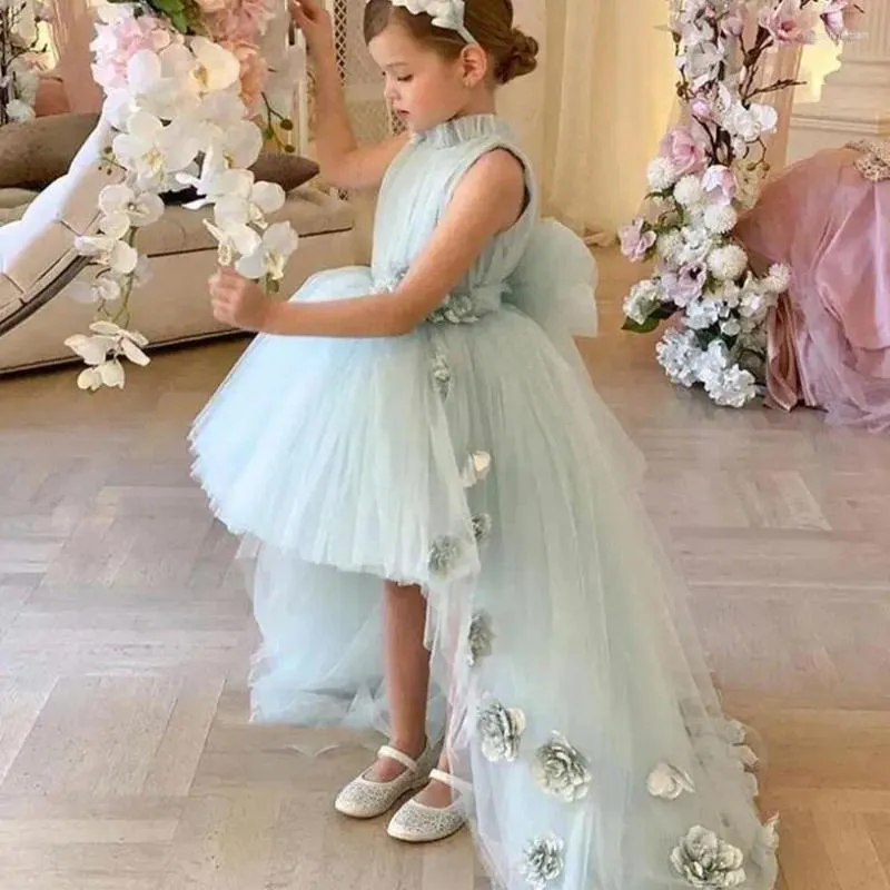 Robe à fleurs verte bouffante pour filles, robe de soirée de mariage pour enfants, fleurs 3D, grand nœud, princesse, concours d'anniversaire