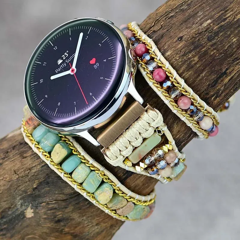 Accessories Weaving Rope Chain For Samsung Galaxy Watch 3 Strap 20 22mm for Huawei Watch Bracelet Vintage Natural Stone Watchband For Women