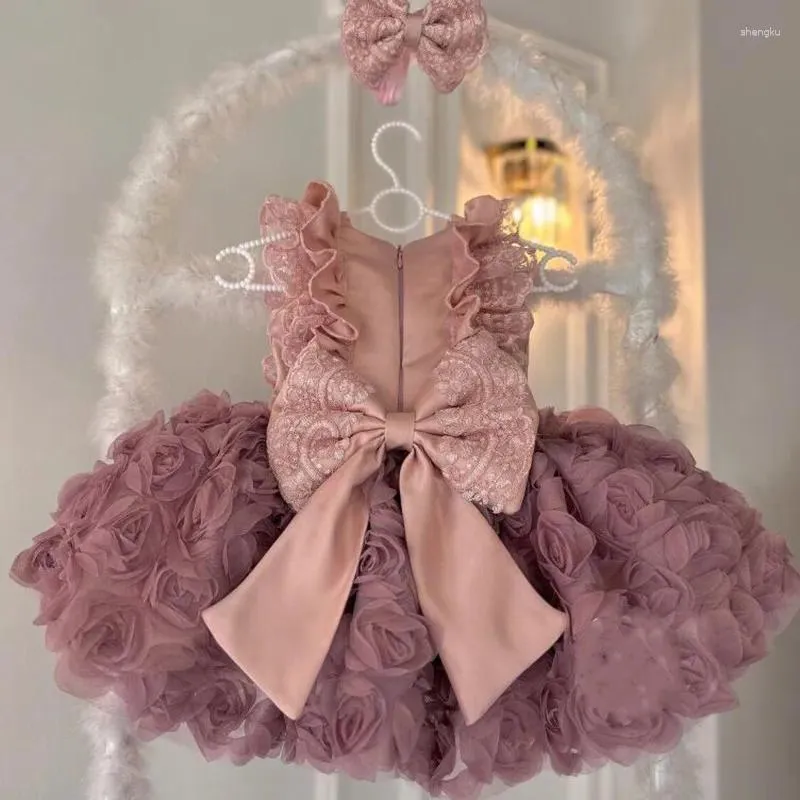 Meisjesjurken gezwollen babyjurk stoffige roze bloemen kinderen tutu outfit prinses kostuum baby meisjes eerste verjaardag met hoofdboog 12m 24m