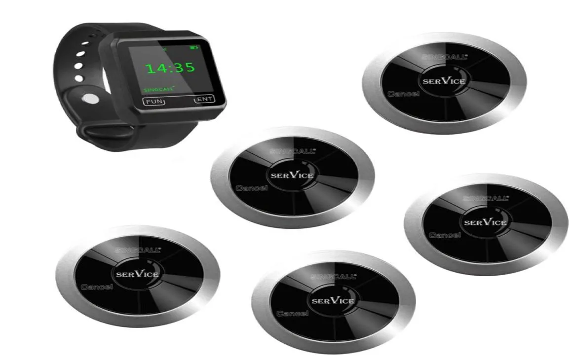 SINGCALL-serveersysteem 5 pagers met meerdere knoppen plus 1 horloge-ontvanger voor RestaurantCoffee ShopPubBankWireless en Simple Opera6941797