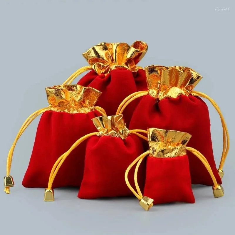 Gift Wrap 20Pcs/lot Red Gold Trim Velvet Drawstring Pouch Bag/Jewelry Bag Christmas/Wedding 7x9cm 8x10cm 10x12cm 12x15cm