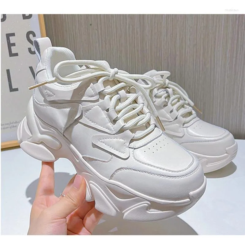 Casual Shoes 2024 Autumn Women's Genuine Leather Fashion High Heels Female Lace Up Women White Black Sneakers Chunky Shoe