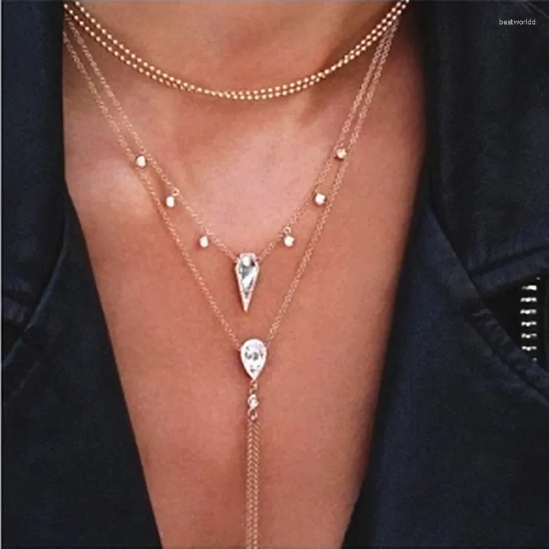 Pendant Necklaces Retro Gold Color Long Tassel & Pendants For Women Multi Layer Water Droplets Geometric Choker Necklace Charm Jewelry