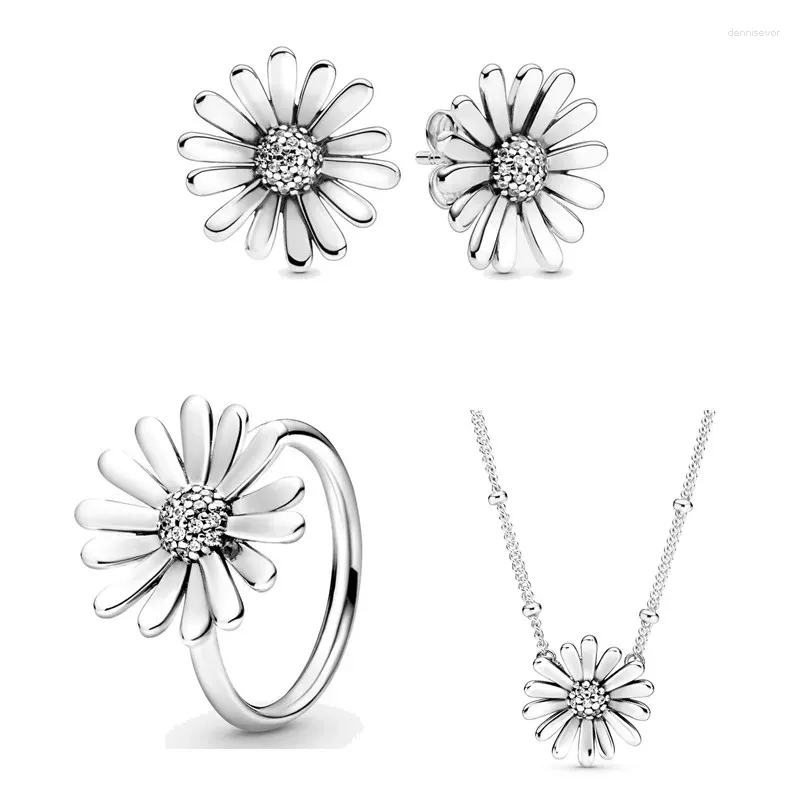 Anillos de racimo Original 925 Sterling Silver Pave Daisy Flower Declaración Collar Pendiente Anillo con cristal para mujeres Regalo Joyería de moda