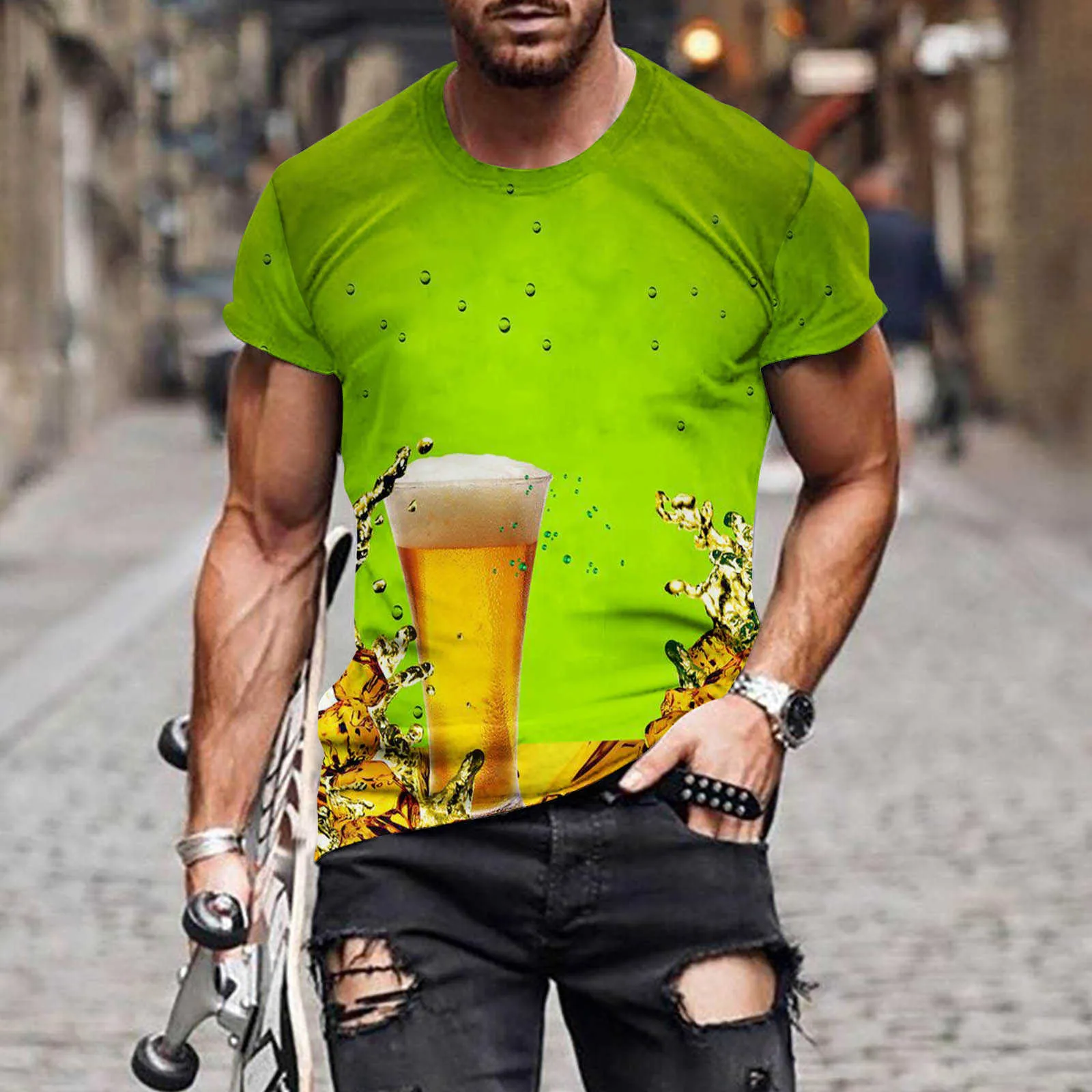 Crossover new printing beer 3D T-shirt digital printing mens and womens Short Sleeve T-Shirt