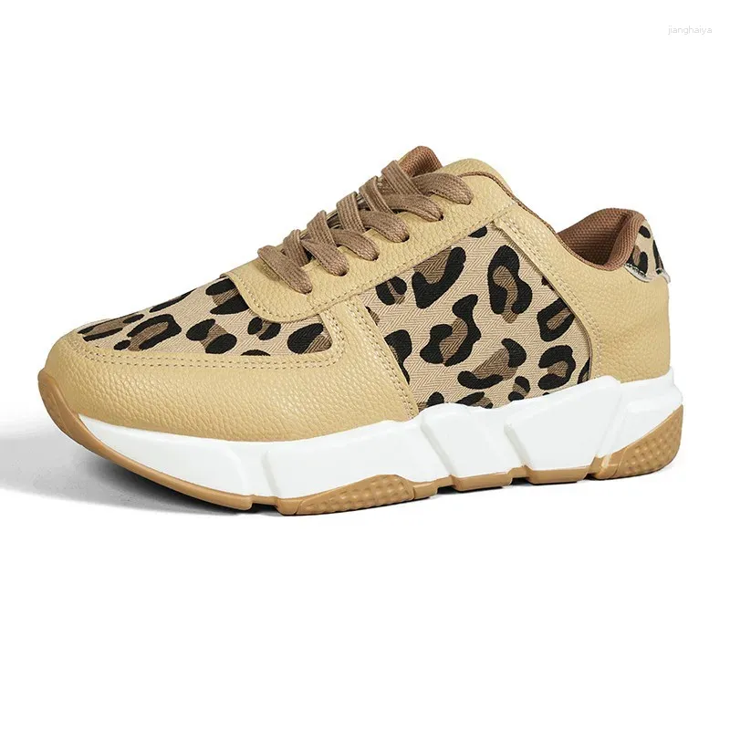 Casual Shoes Women's Stitching Lace-up Sneakers Thick-soled Round Toe Low-top Leopard