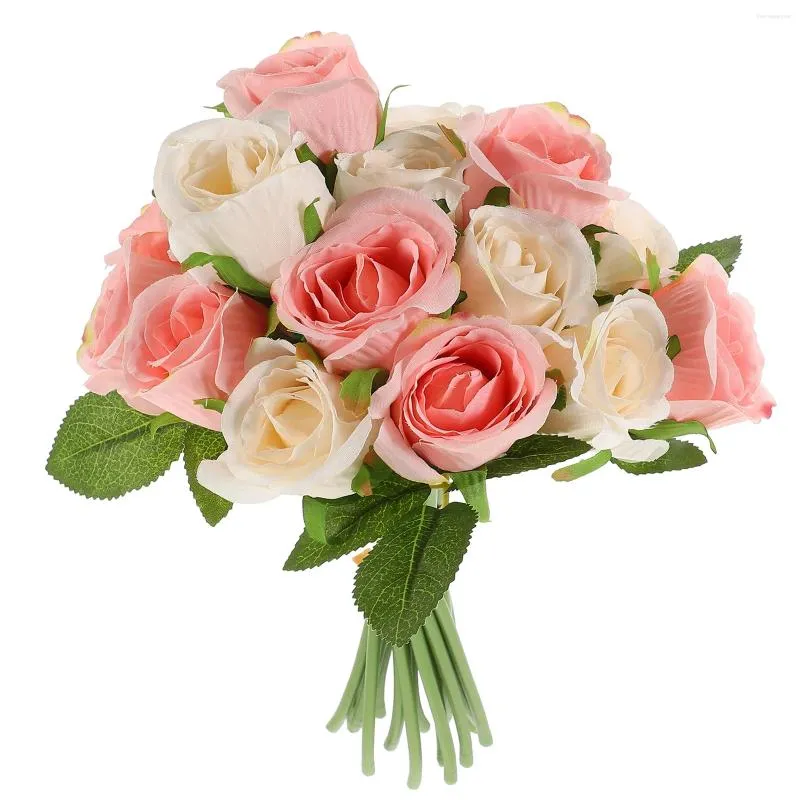 Decorative Flowers Pink Roses Bouquet Small Fake Artificial Flower For Decoration Faux Ornament