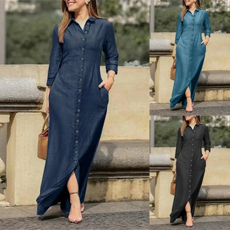 Casual Dresses Solid Denim Dress V Neck Long Sleeve Button Pocket Loose Maxi Temperament High End Vacation Party Outfits Vestidos