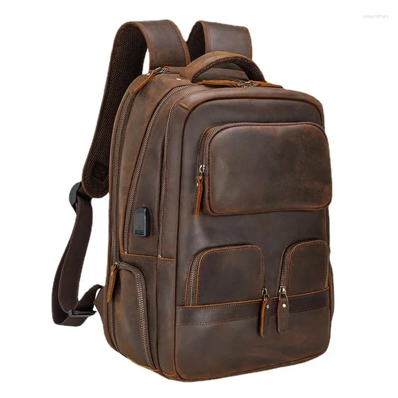 Mochila masculina de couro multifuncional ao ar livre casual bolsa de viagem crazy horse usb computador