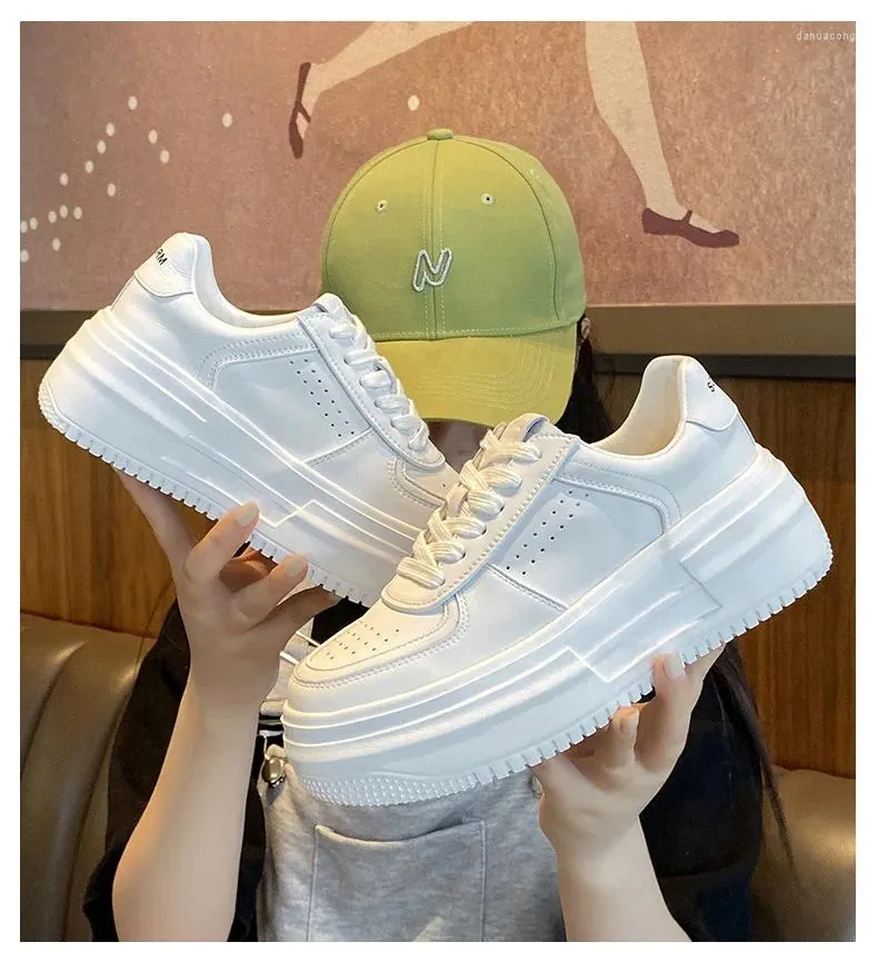 Casual Shoes Women White Leather Sneaker Thick Sole Lace Up Female Height Increasing Sport Soft Insole Students Summer