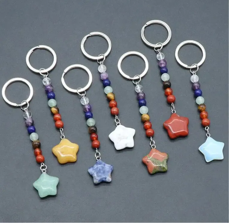 15pcs Stone Star Natural 7 Chakra Beads key Rings Chains keychains Healing Crystal Keyrings for Women Men 240315