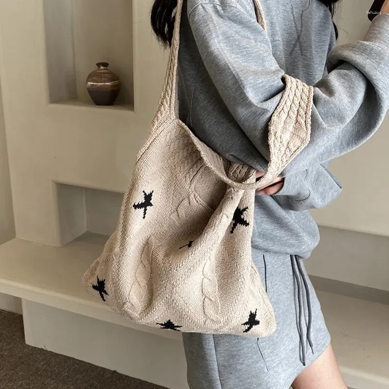 Shoulder Bags Women's Contrast Color Handbag Retro Knitted Chic Bag Japanese Aesthetic Tote Large Capacity Commuter Underarm